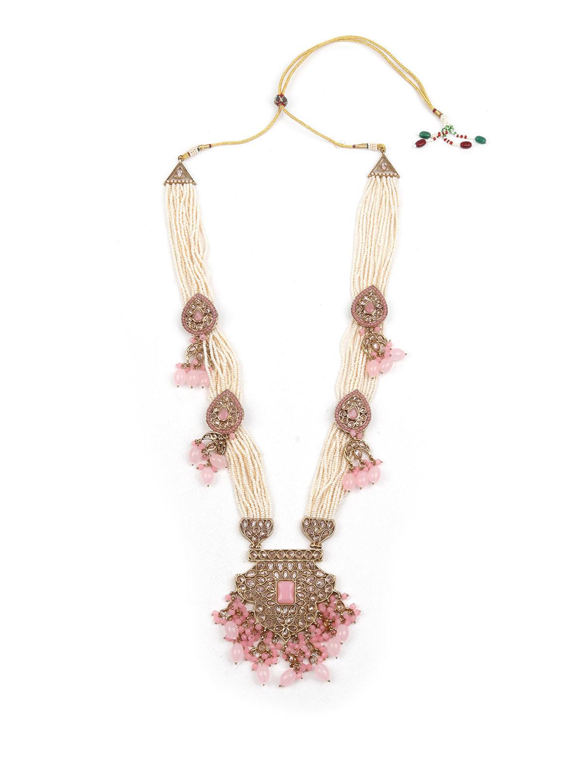 Gorgeous Baby Pink Beaded Kundan Necklace Set - Rajwada
