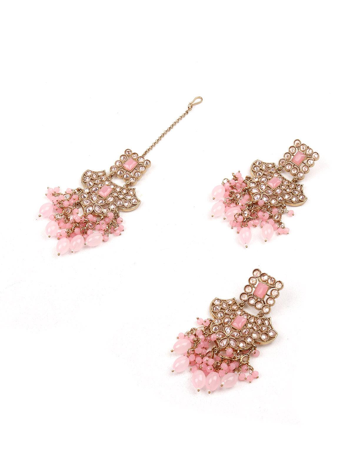 Gorgeous Baby Pink Beaded Kundan Necklace Set - Rajwada