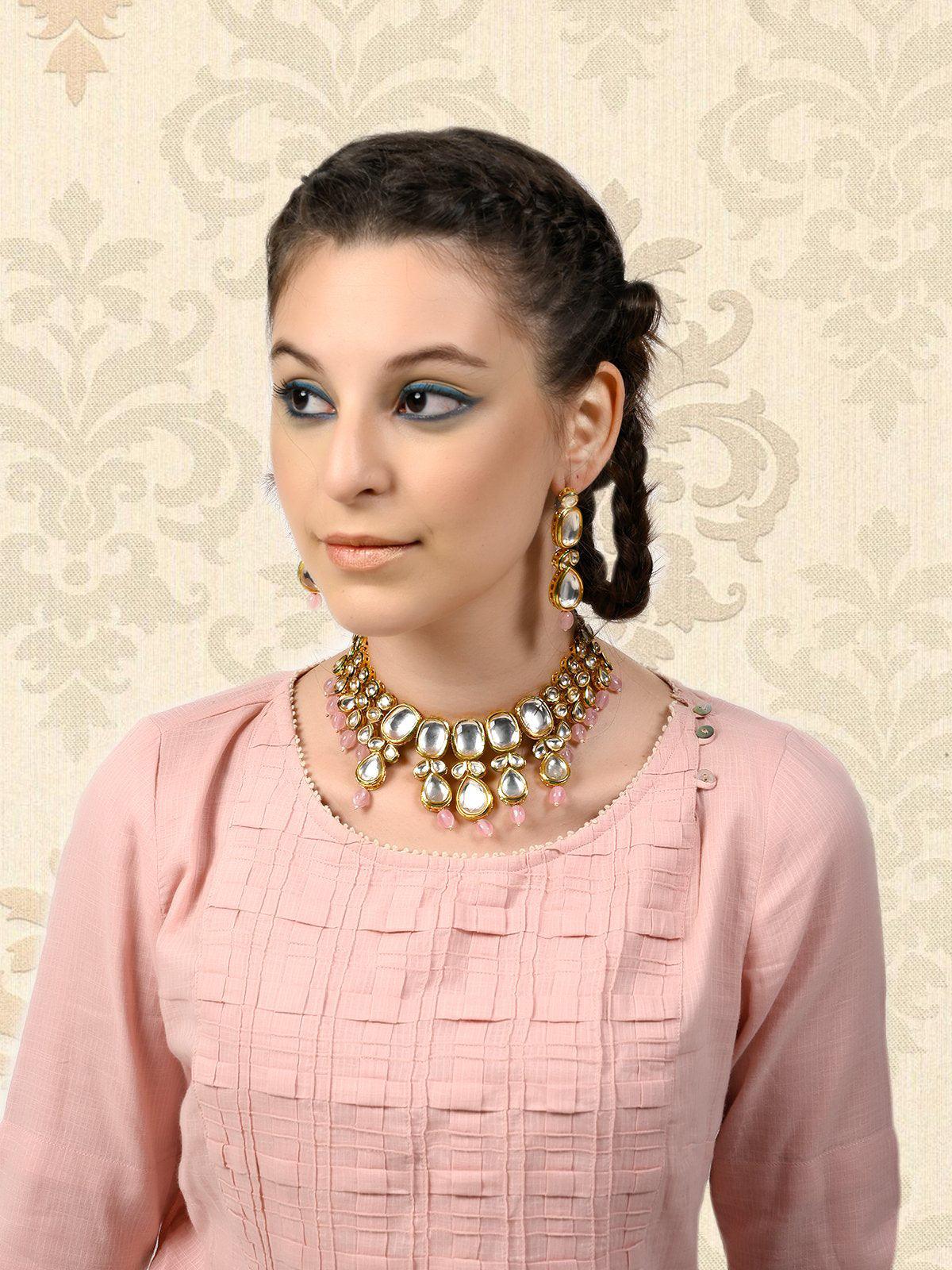 Gorgeous Gold Tone Kundan-Pink Mani Choker Set - Rajwada