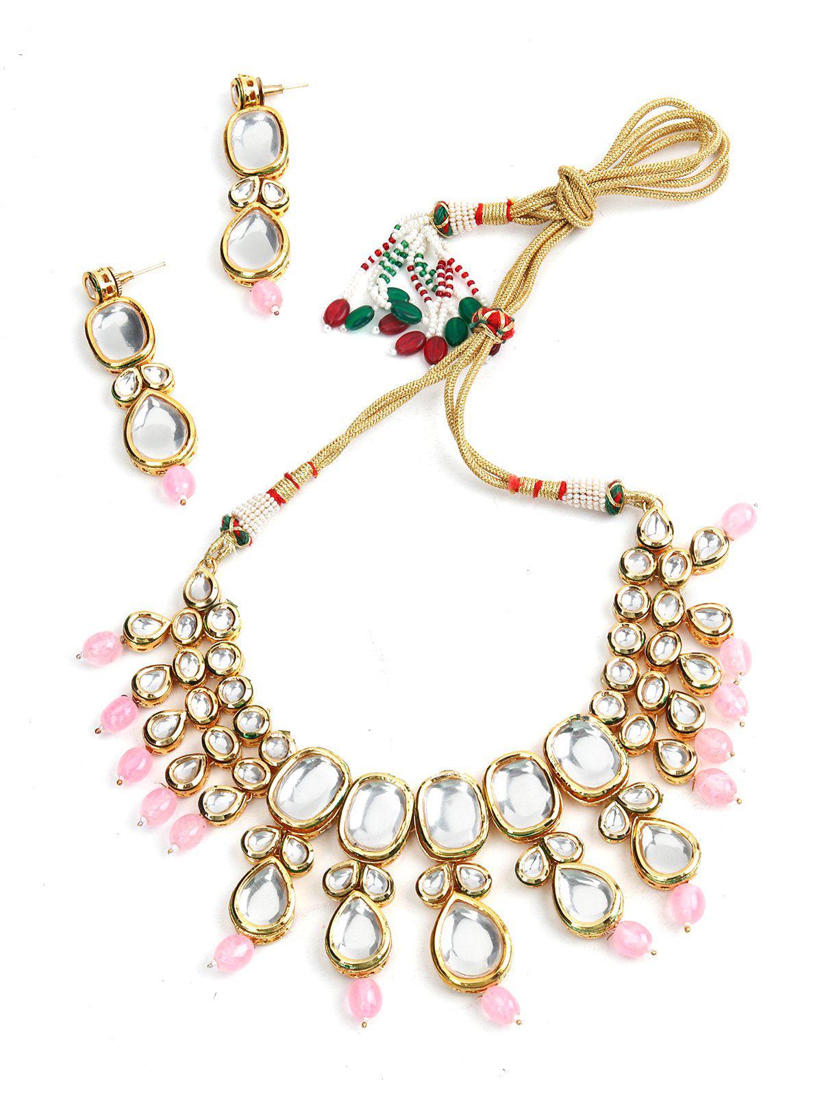 Gorgeous Gold Tone Kundan-Pink Mani Choker Set - Rajwada