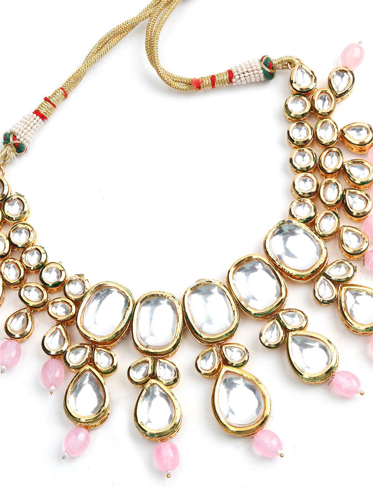 Gorgeous Gold Tone Kundan-Pink Mani Choker Set - Rajwada