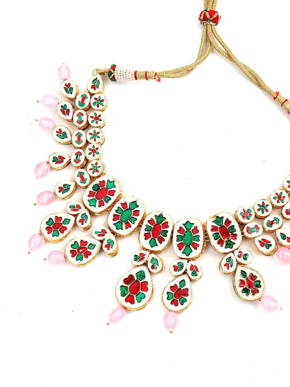 Gorgeous Gold Tone Kundan-Pink Mani Choker Set - Rajwada