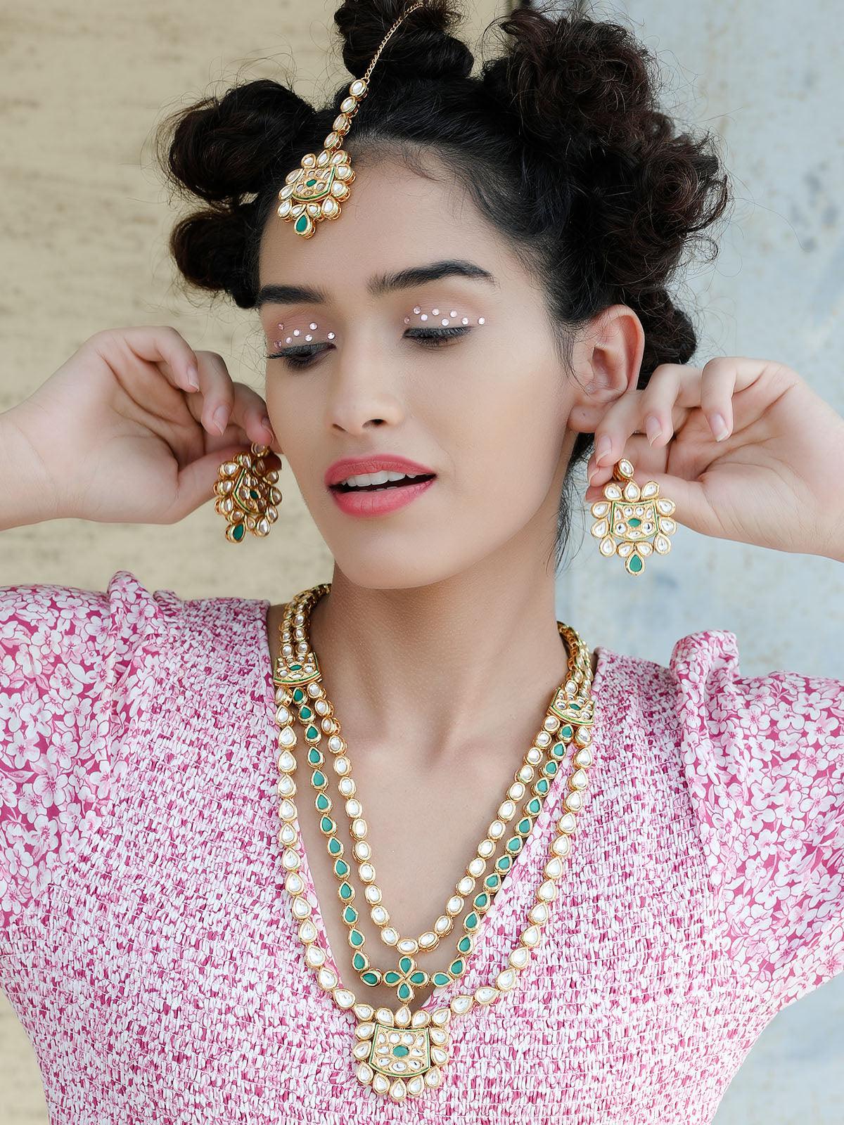 Gorgeous green and white Kundan necklace set for women - Rajwada