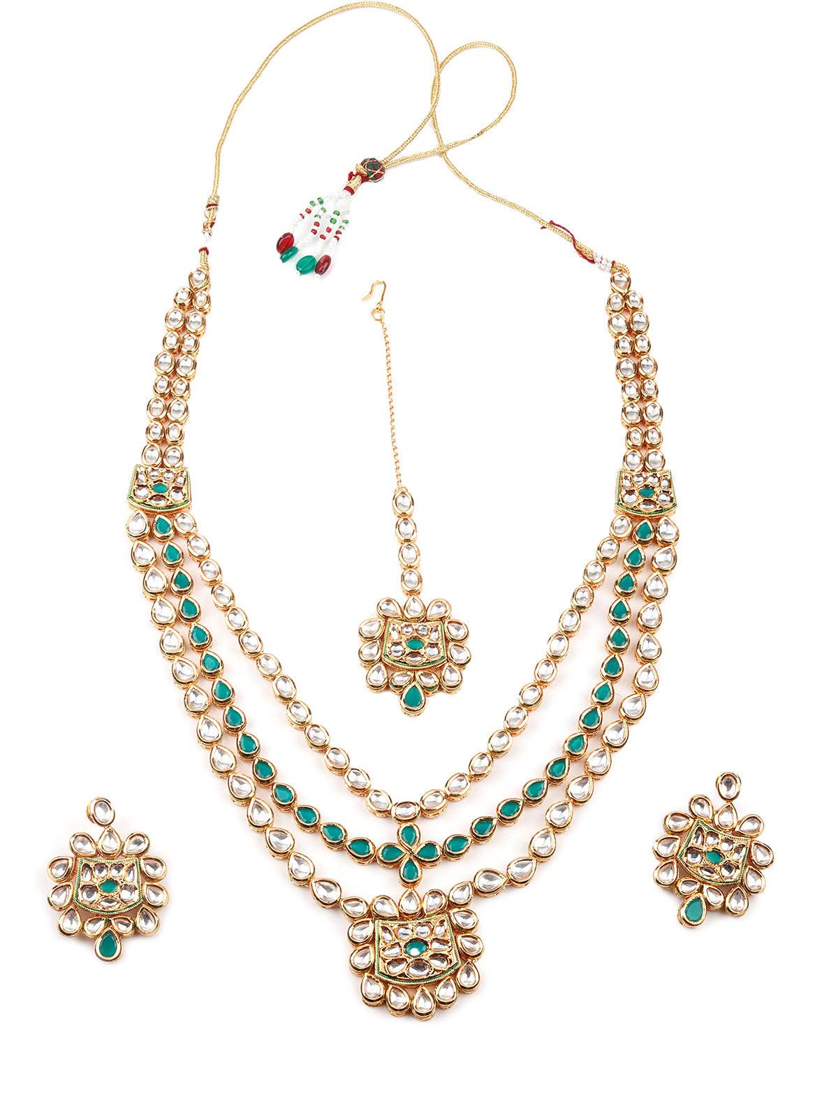 Gorgeous green and white Kundan necklace set for women - Rajwada