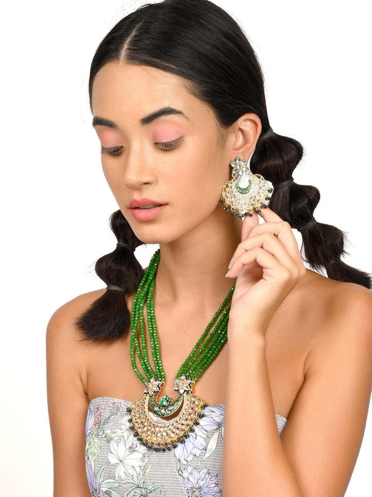 Gorgeous green long mala necklace set - Rajwada