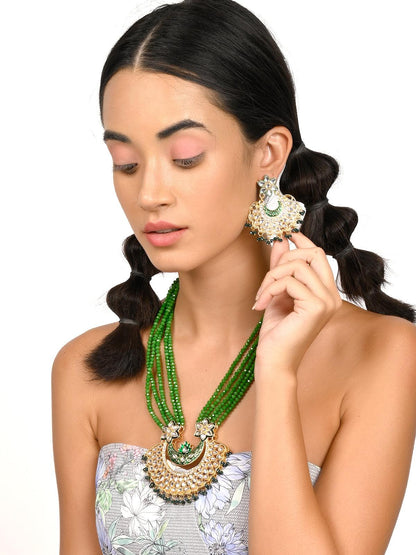 Gorgeous green long mala necklace set - Rajwada