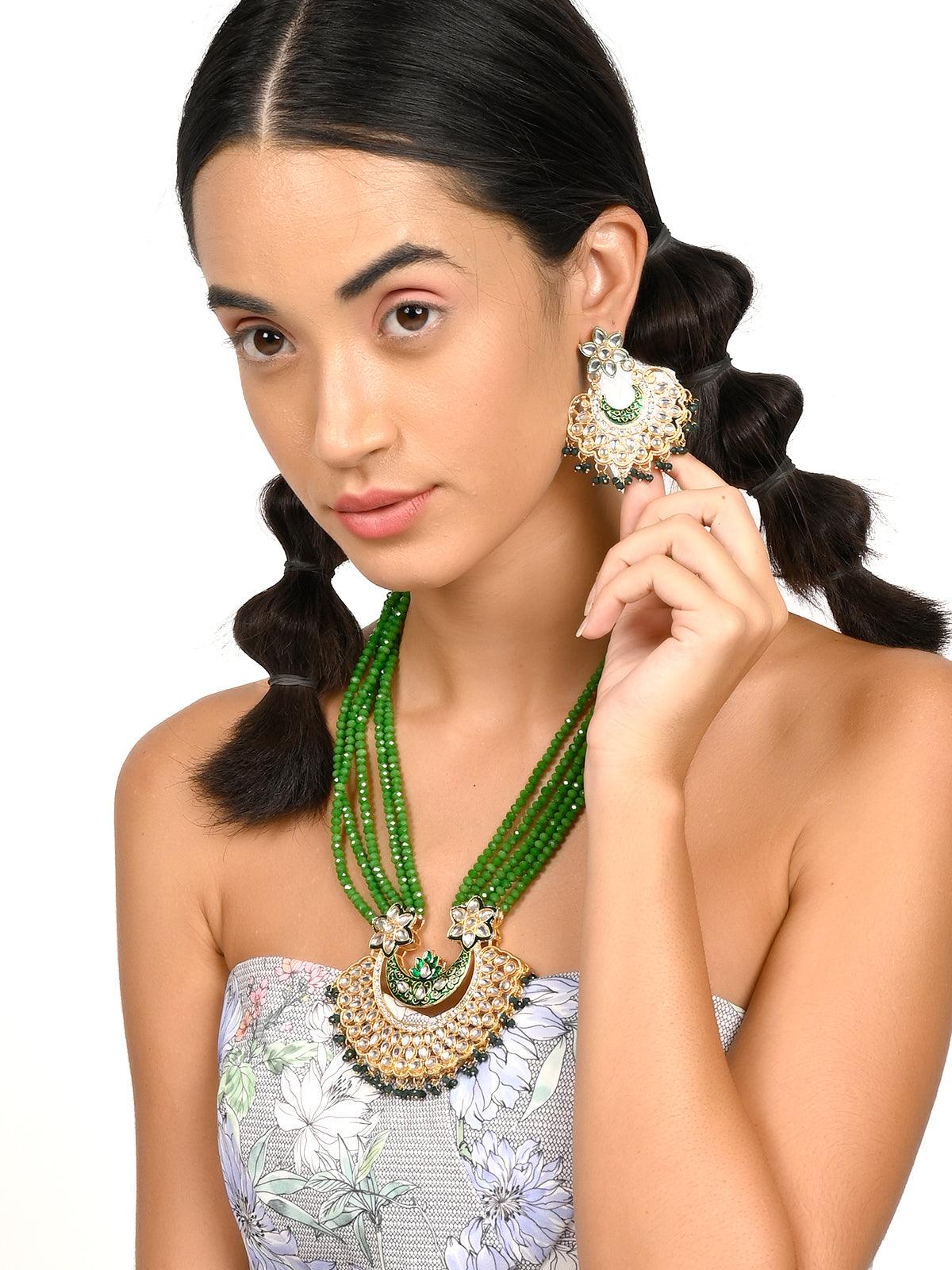 Gorgeous green long mala necklace set - Rajwada