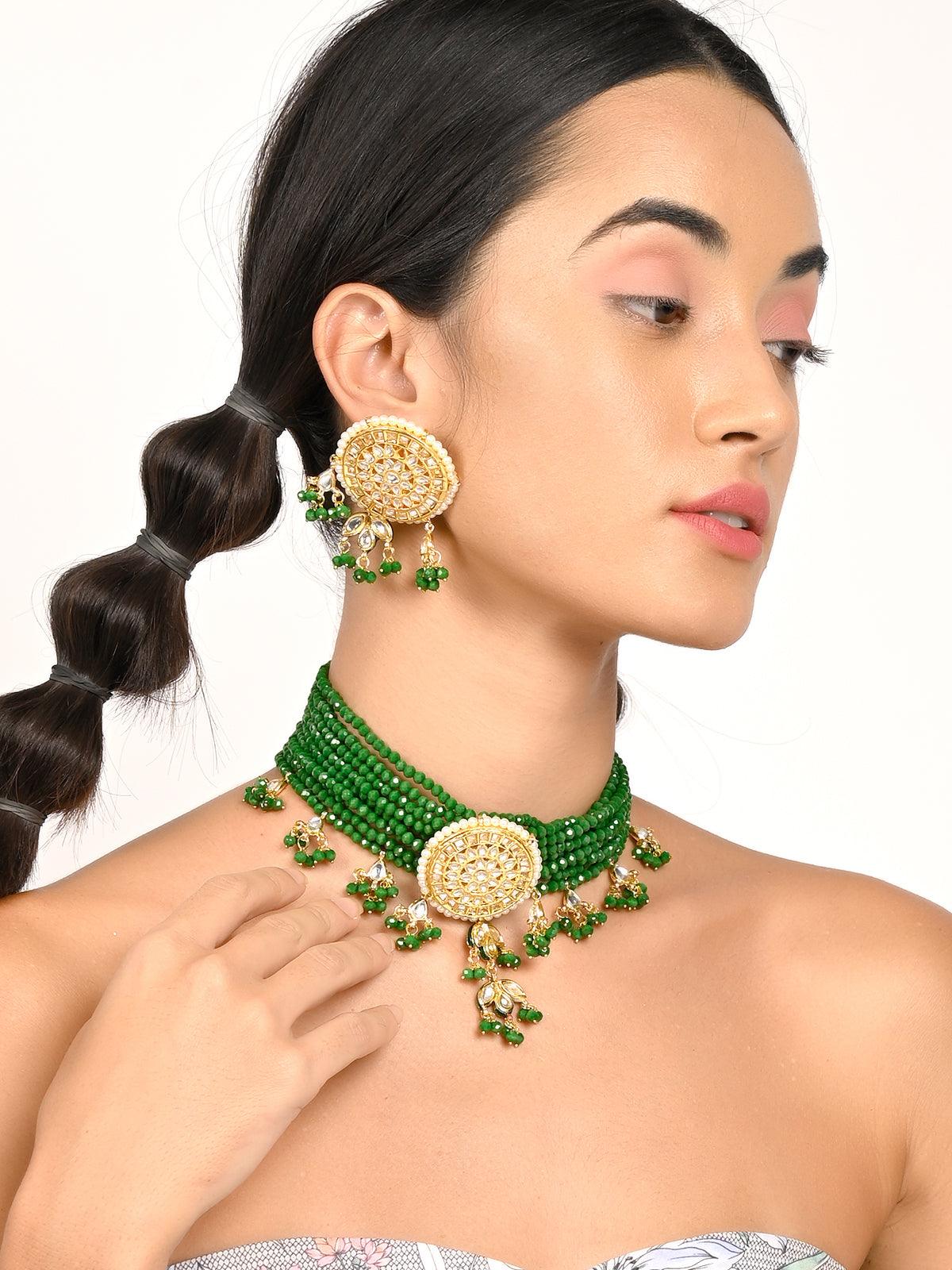 Gorgeous green pendant choker necklace set for women - Rajwada