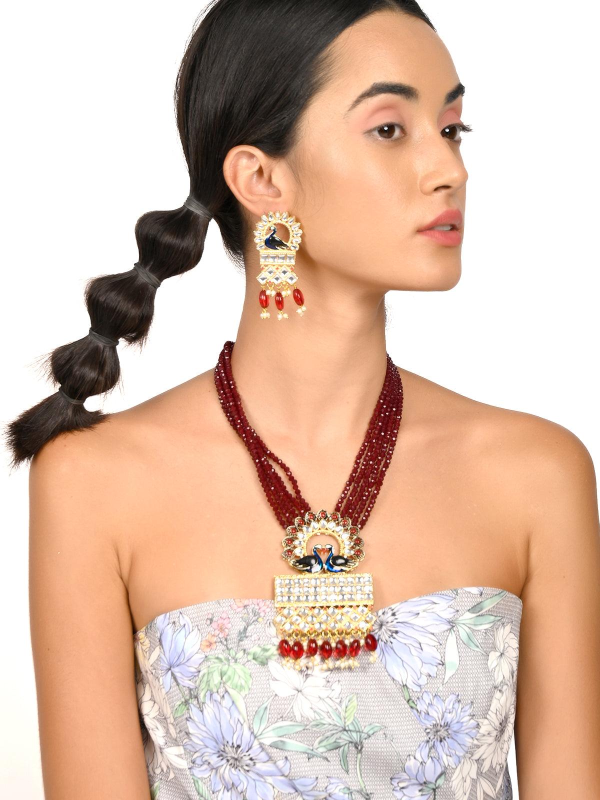 Gorgeous Maroon peacock embellished necklace - Rajwada