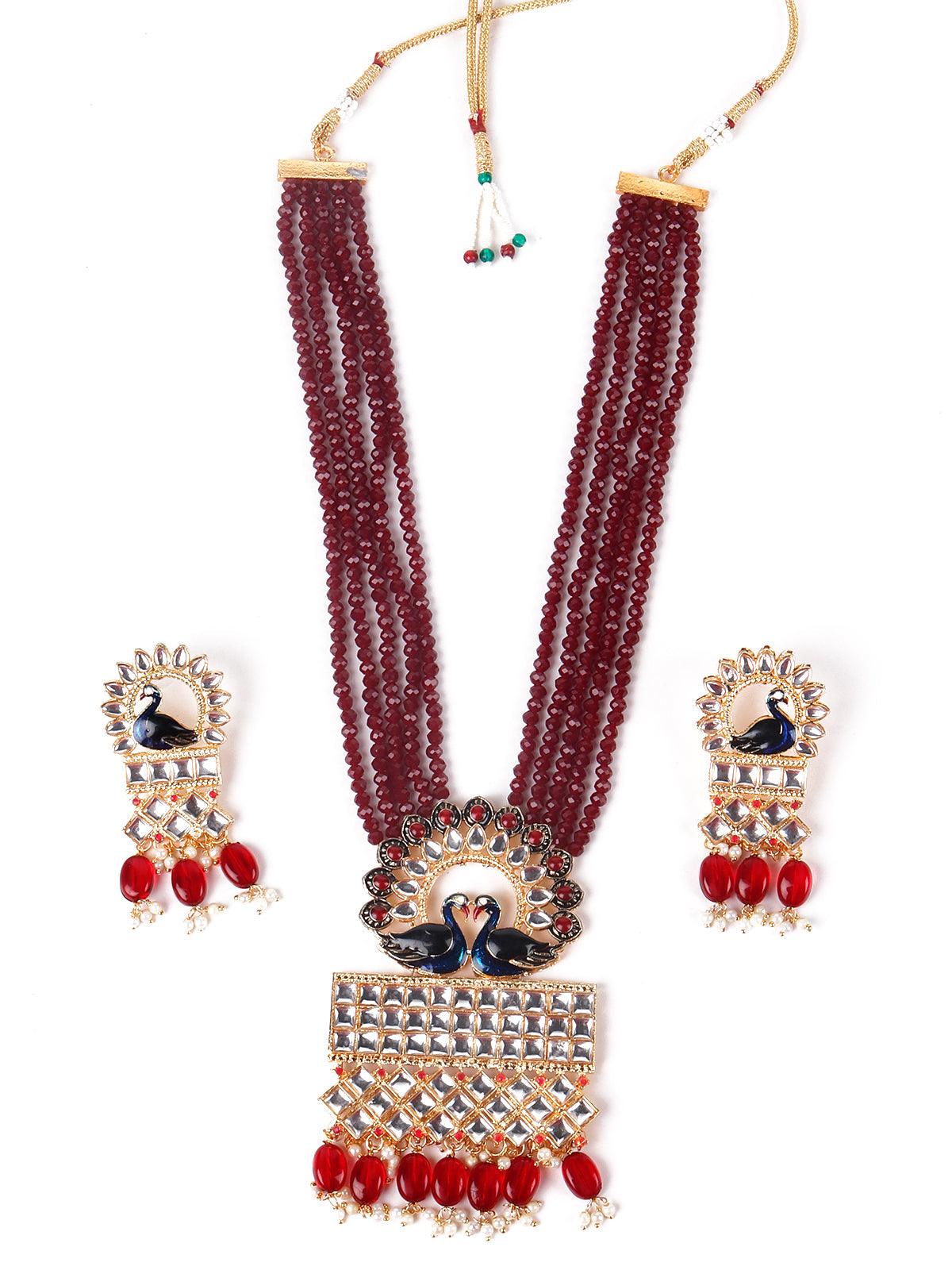 Gorgeous Maroon peacock embellished necklace - Rajwada