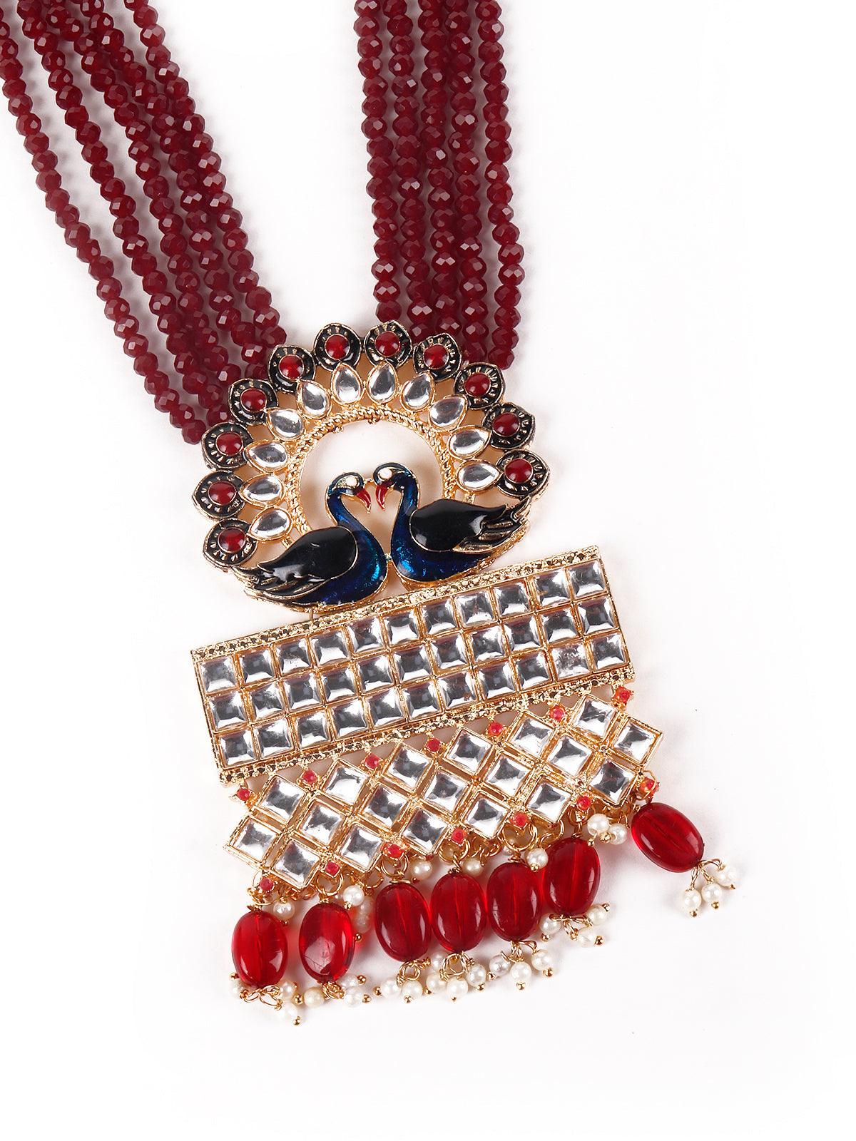 Gorgeous Maroon peacock embellished necklace - Rajwada