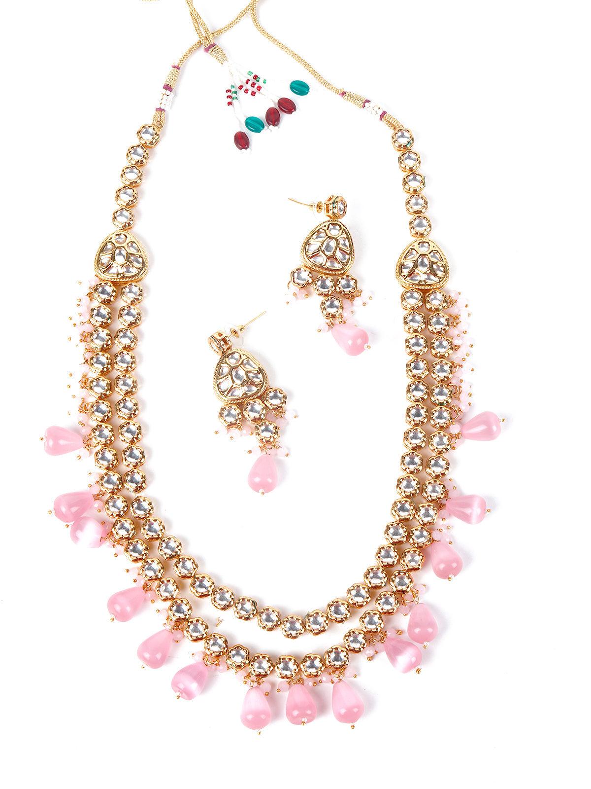 Gorgeous pink Kundan work necklace set - Rajwada