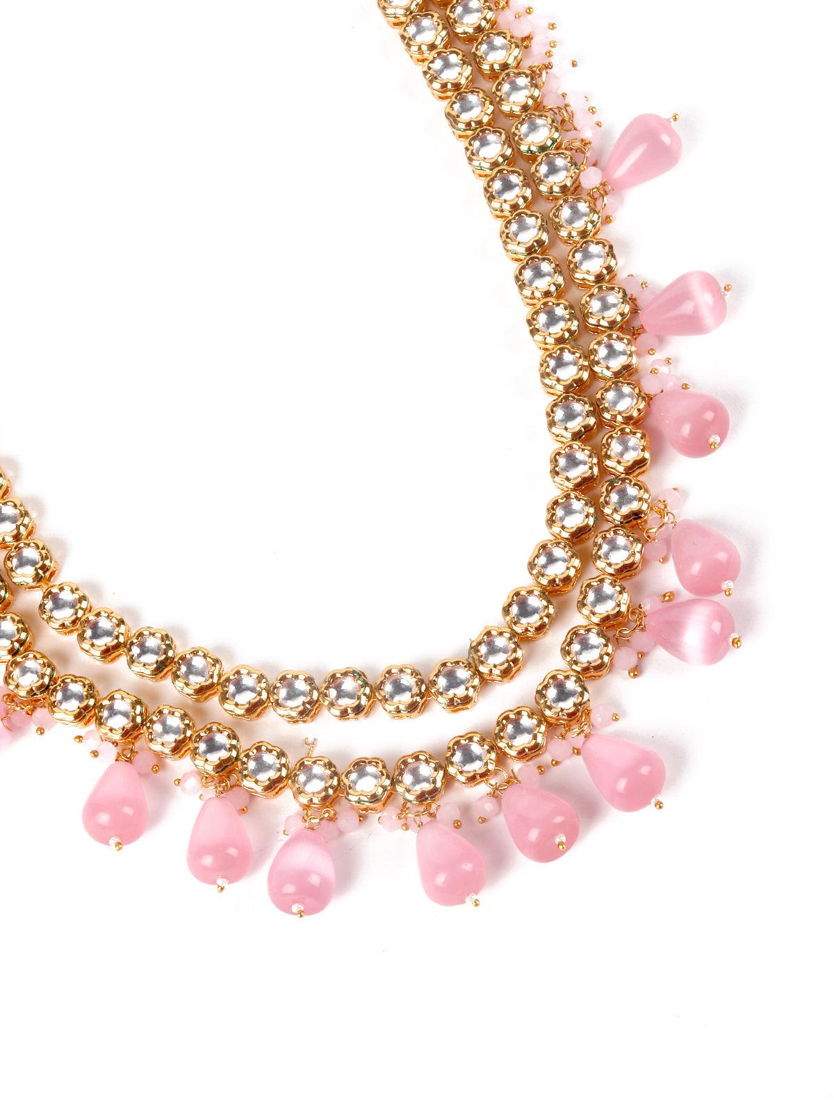 Gorgeous pink Kundan work necklace set - Rajwada