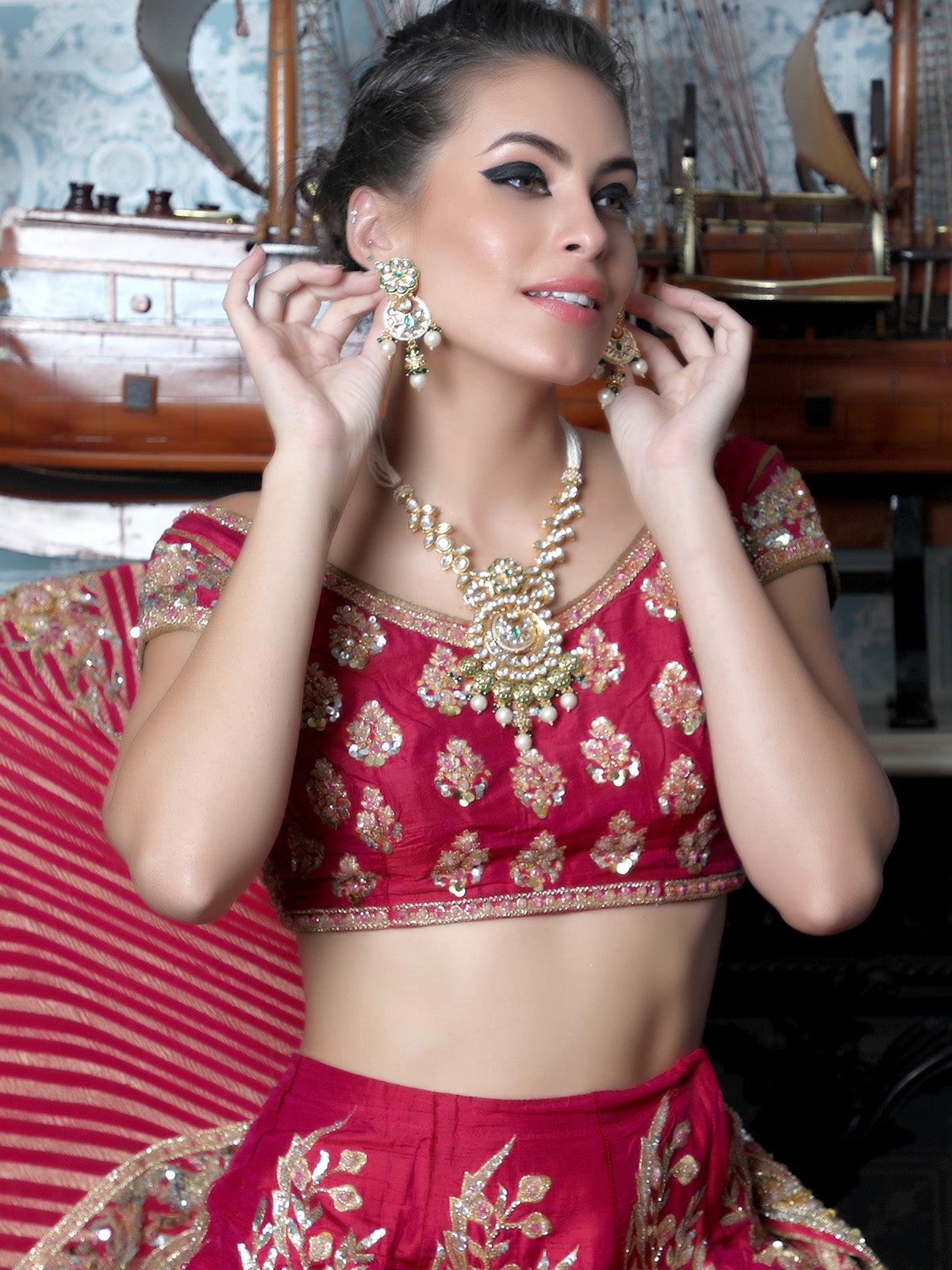 Gorgeous Red and Gold Traditional Long Necklace Set for Women - Rajwada