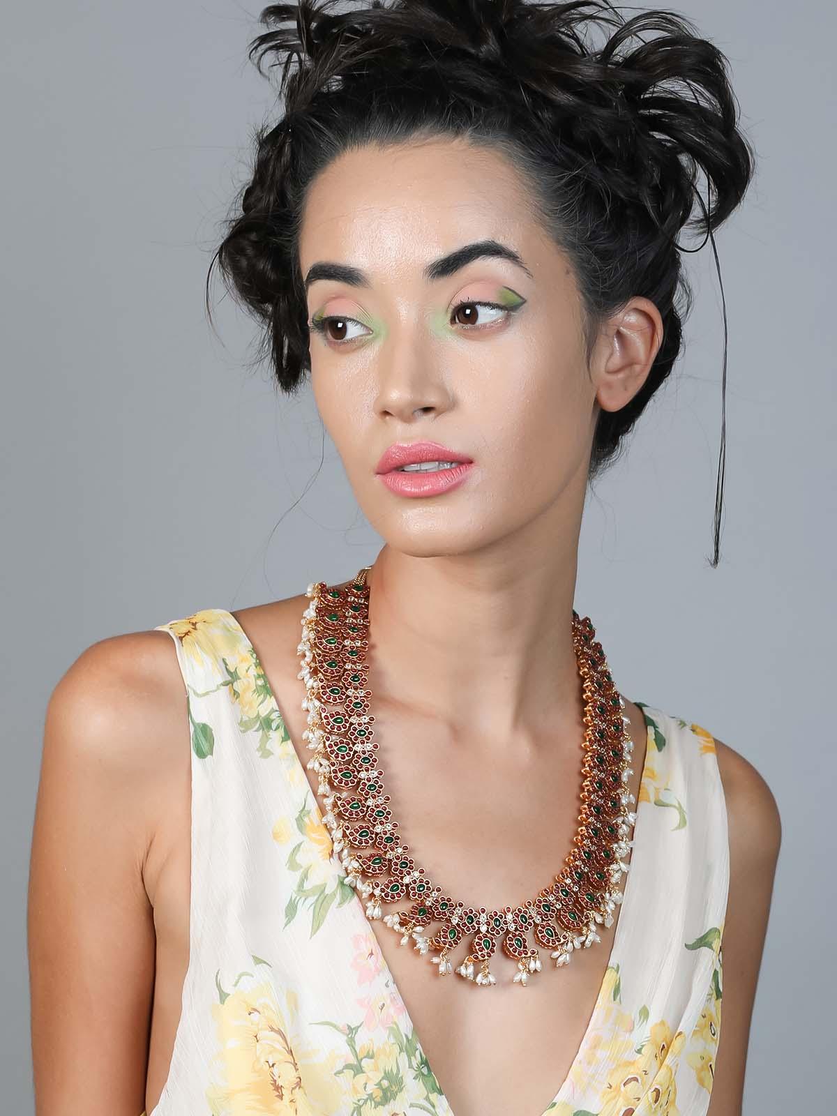 Gorgeous red and green patterned necklace set-new280 - Rajwada