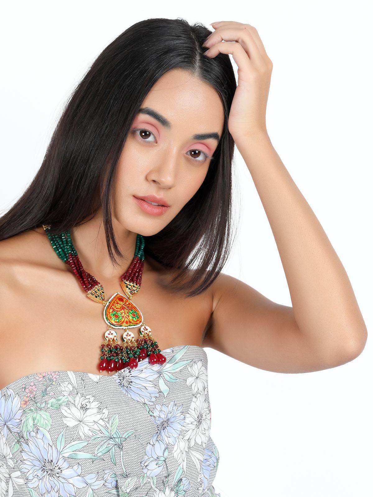 Gorgeous red and green statement necklace set for women - Rajwada