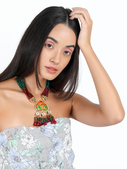 Gorgeous red and green statement necklace set for women - Rajwada