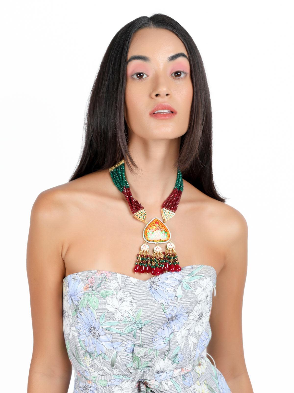 Gorgeous red and green statement necklace set for women - Rajwada