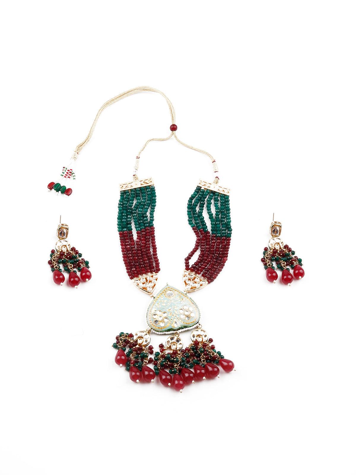 Gorgeous red and green statement necklace set for women - Rajwada