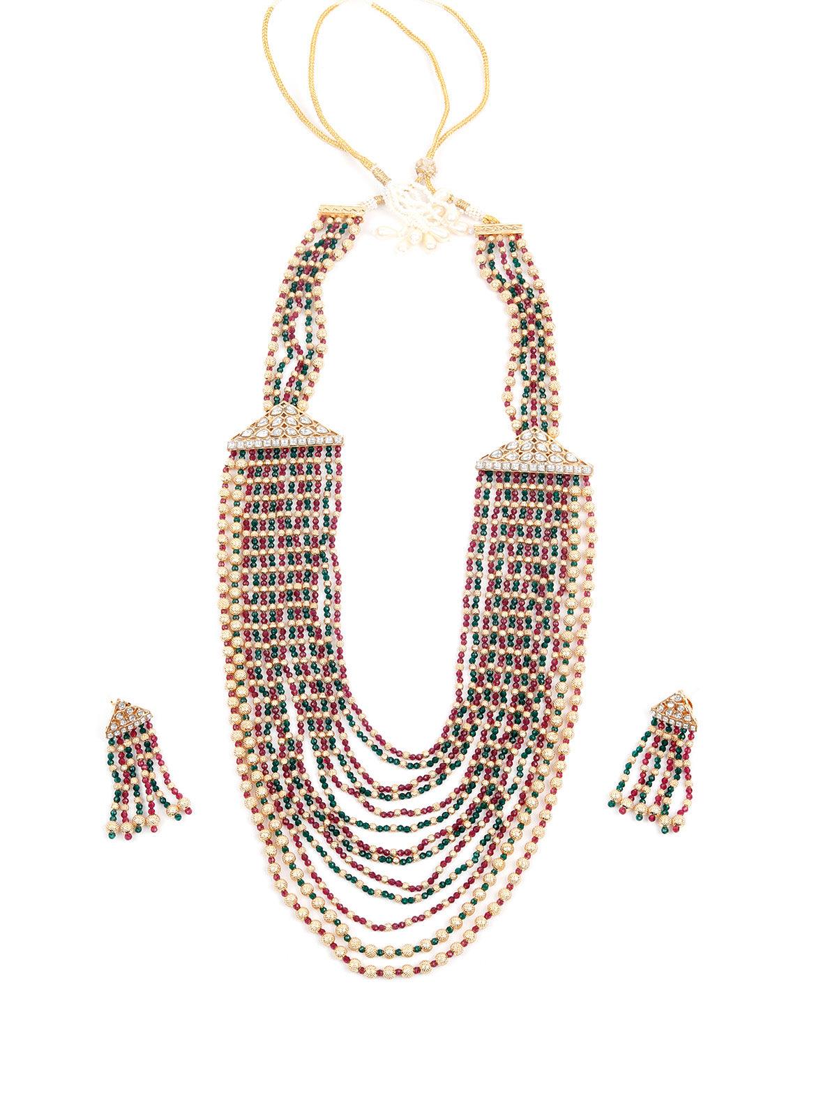 Gorgeous Red, Green and Gold Long Necklace Set for Women - Rajwada
