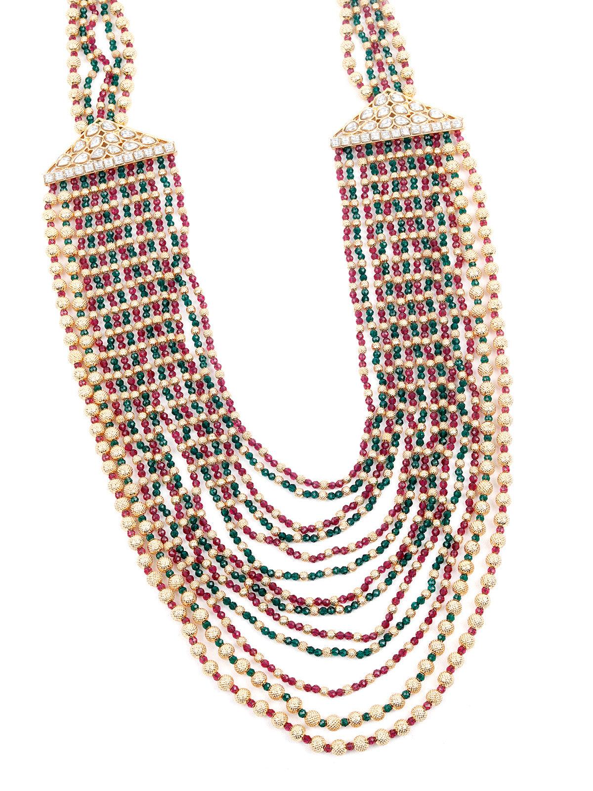 Gorgeous Red, Green and Gold Long Necklace Set for Women - Rajwada