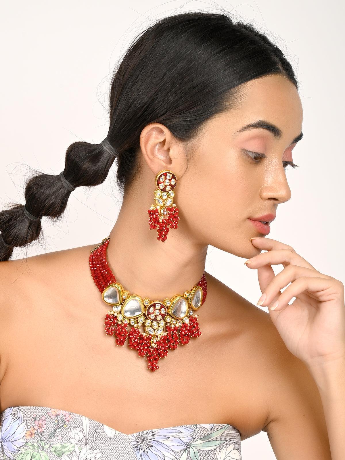 Gorgeous red vibrant necklace set - Rajwada