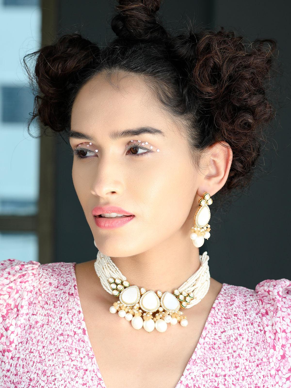 Gorgeous white beaded statement necklace set for women - Rajwada