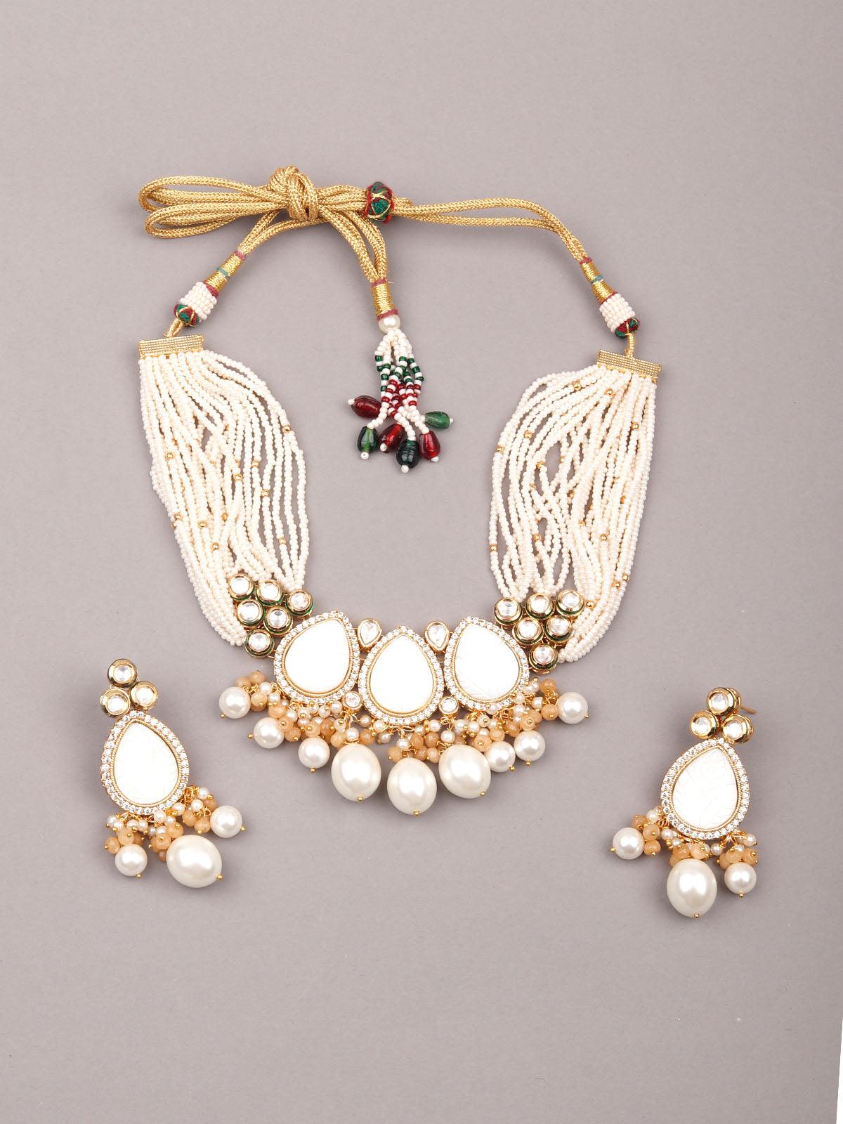 Gorgeous white beaded statement necklace set for women - Rajwada