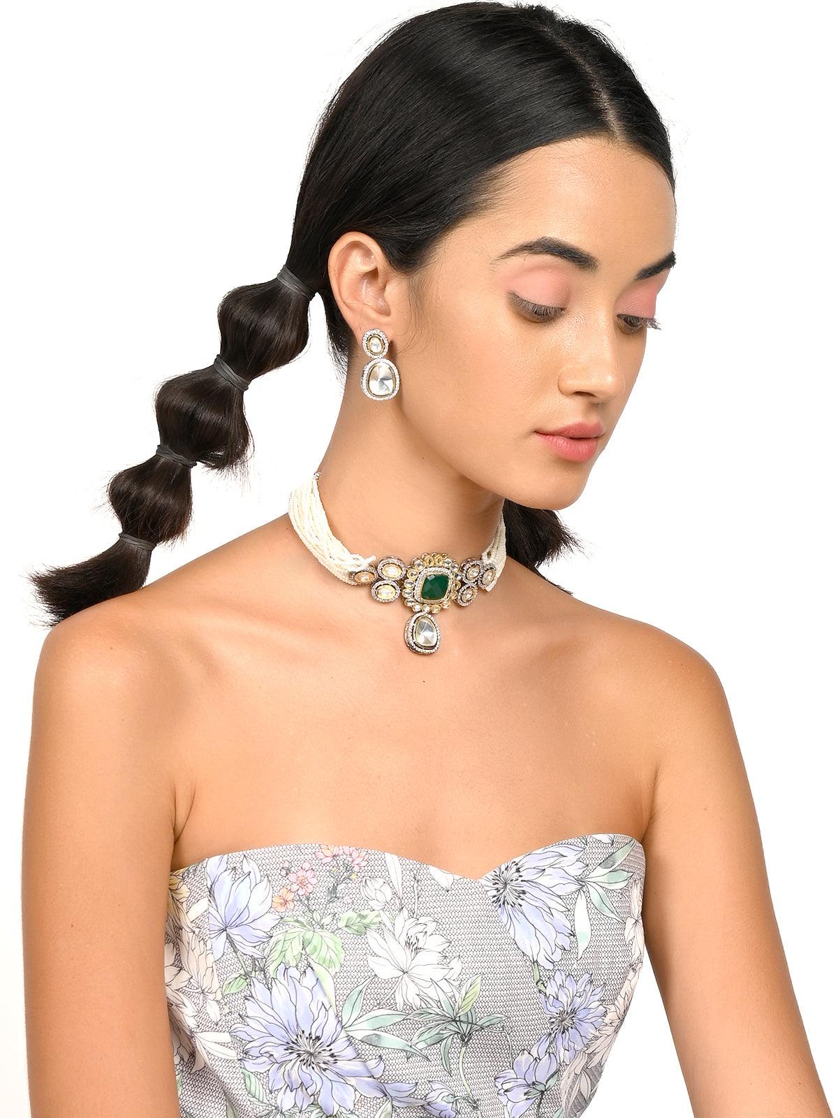 Gorgeous white pendant choker necklace set - Rajwada