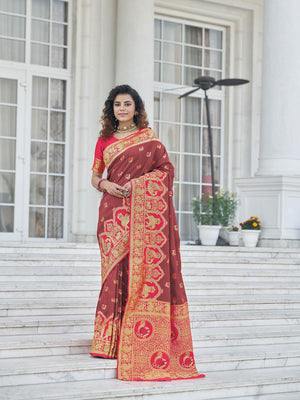Gorgeous Woven Brown Banarasi Silk Saree - Rajwada