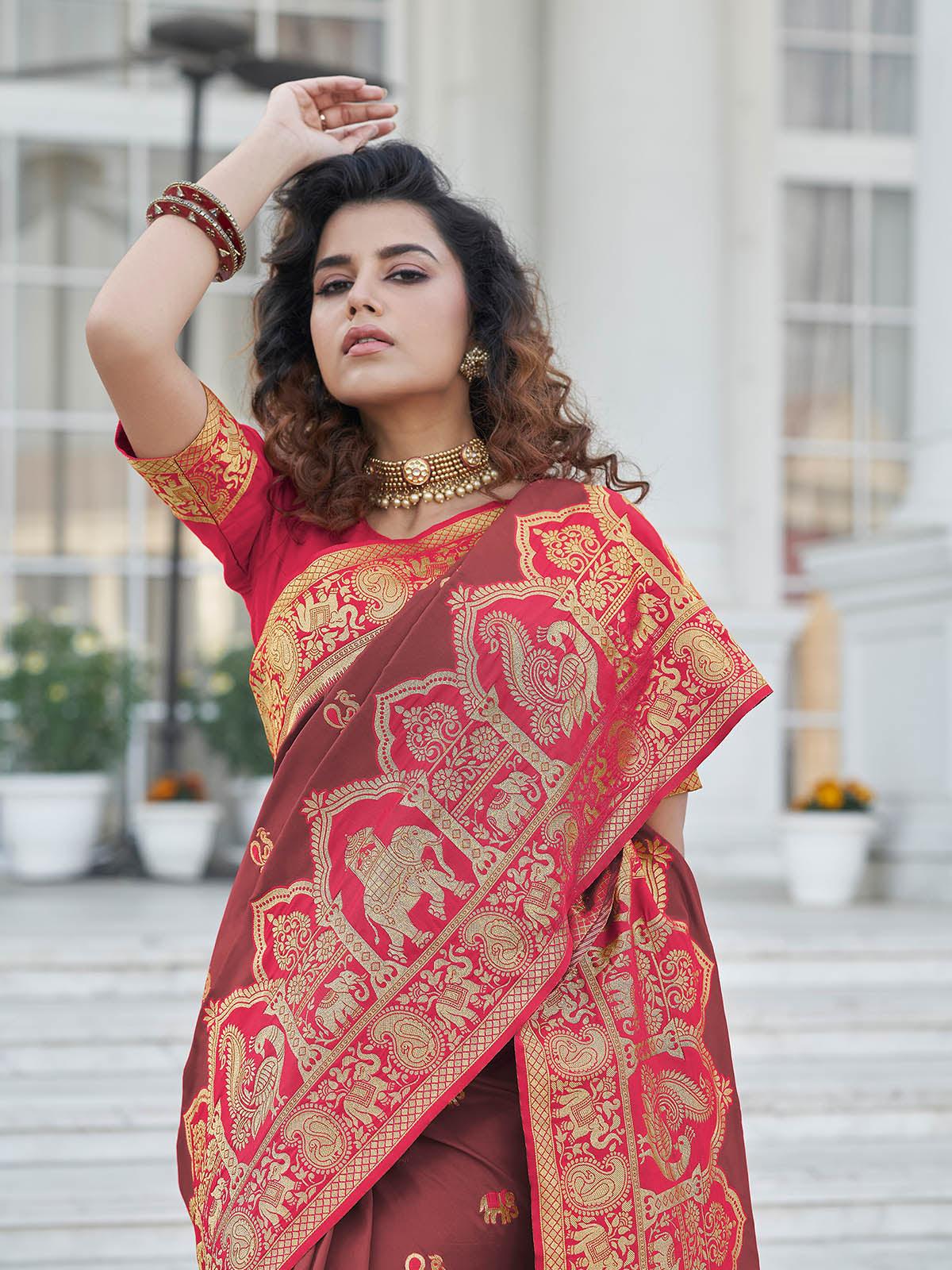 Gorgeous Woven Brown Banarasi Silk Saree - Rajwada