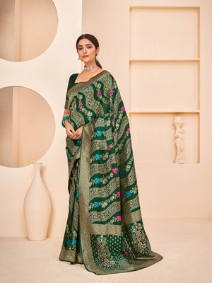 Gorgeous Woven Dark Green Banarasi Silk Saree - Rajwada