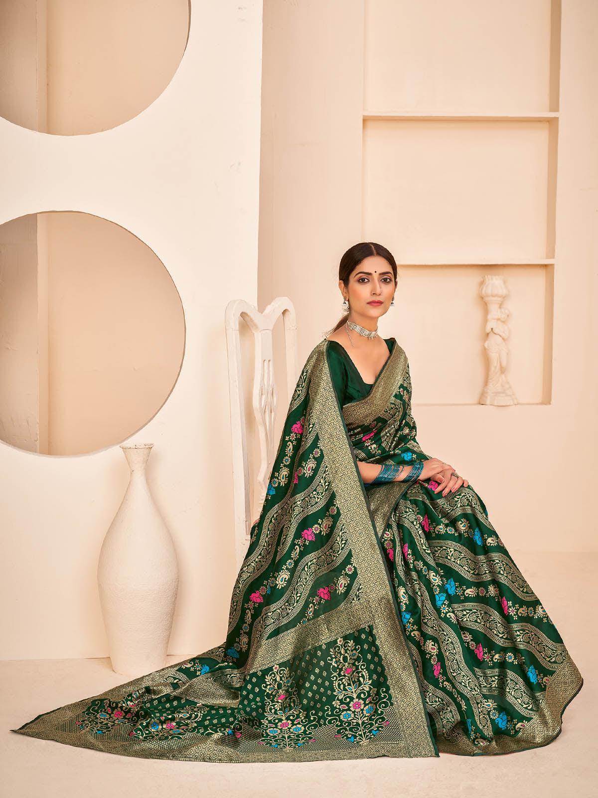 Gorgeous Woven Dark Green Banarasi Silk Saree - Rajwada