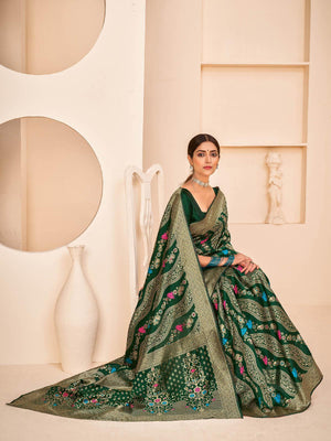 Gorgeous Woven Dark Green Banarasi Silk Saree - Rajwada
