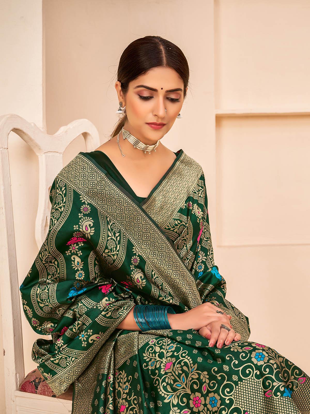 Gorgeous Woven Dark Green Banarasi Silk Saree - Rajwada