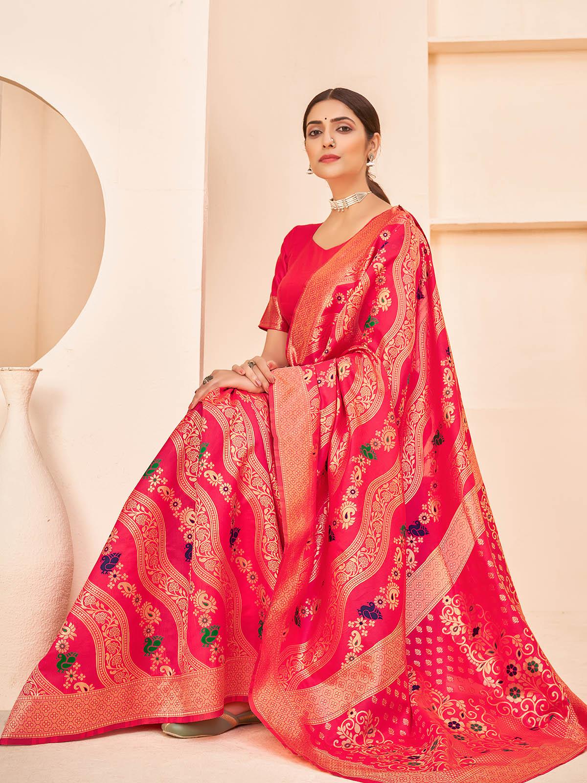 Gorgeous Woven Deep Pink Banarasi Silk Saree - Rajwada