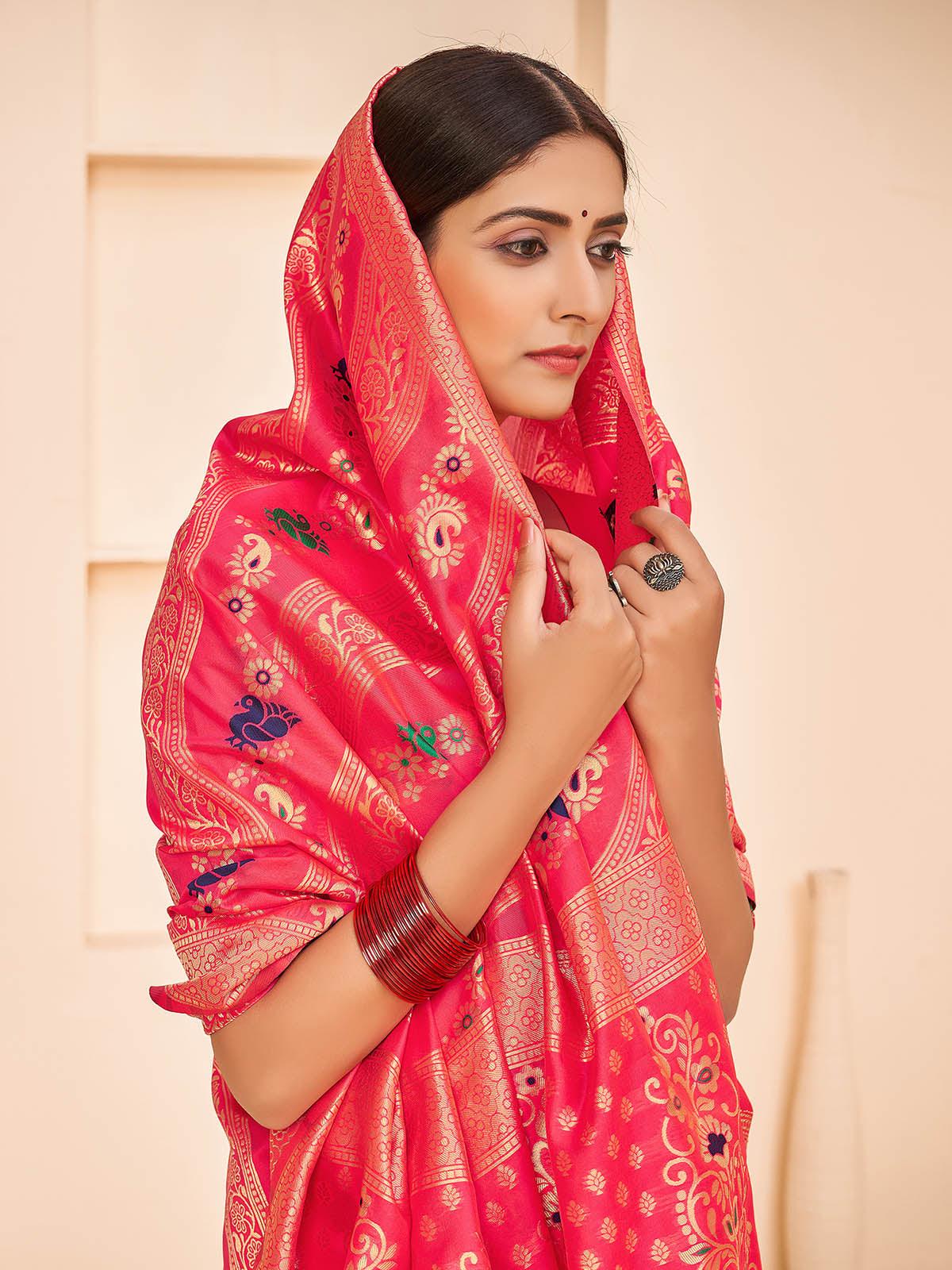 Gorgeous Woven Deep Pink Banarasi Silk Saree - Rajwada