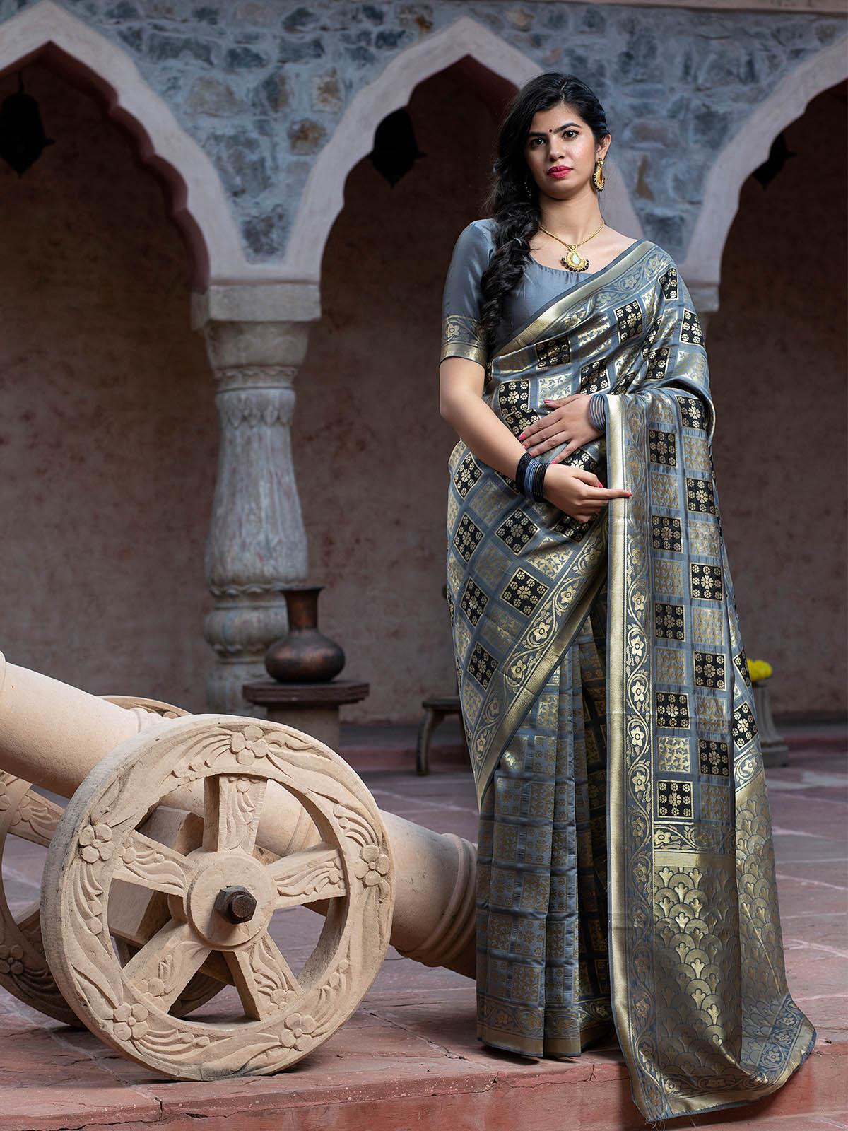 Gorgeous Woven Grey Banarasi Silk Saree - Rajwada