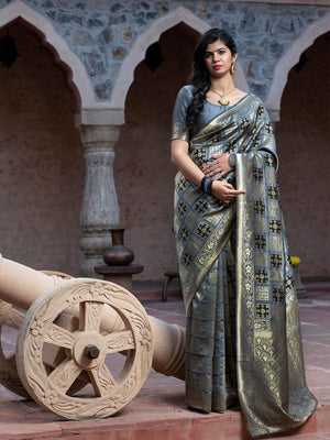 Gorgeous Woven Grey Banarasi Silk Saree - Rajwada