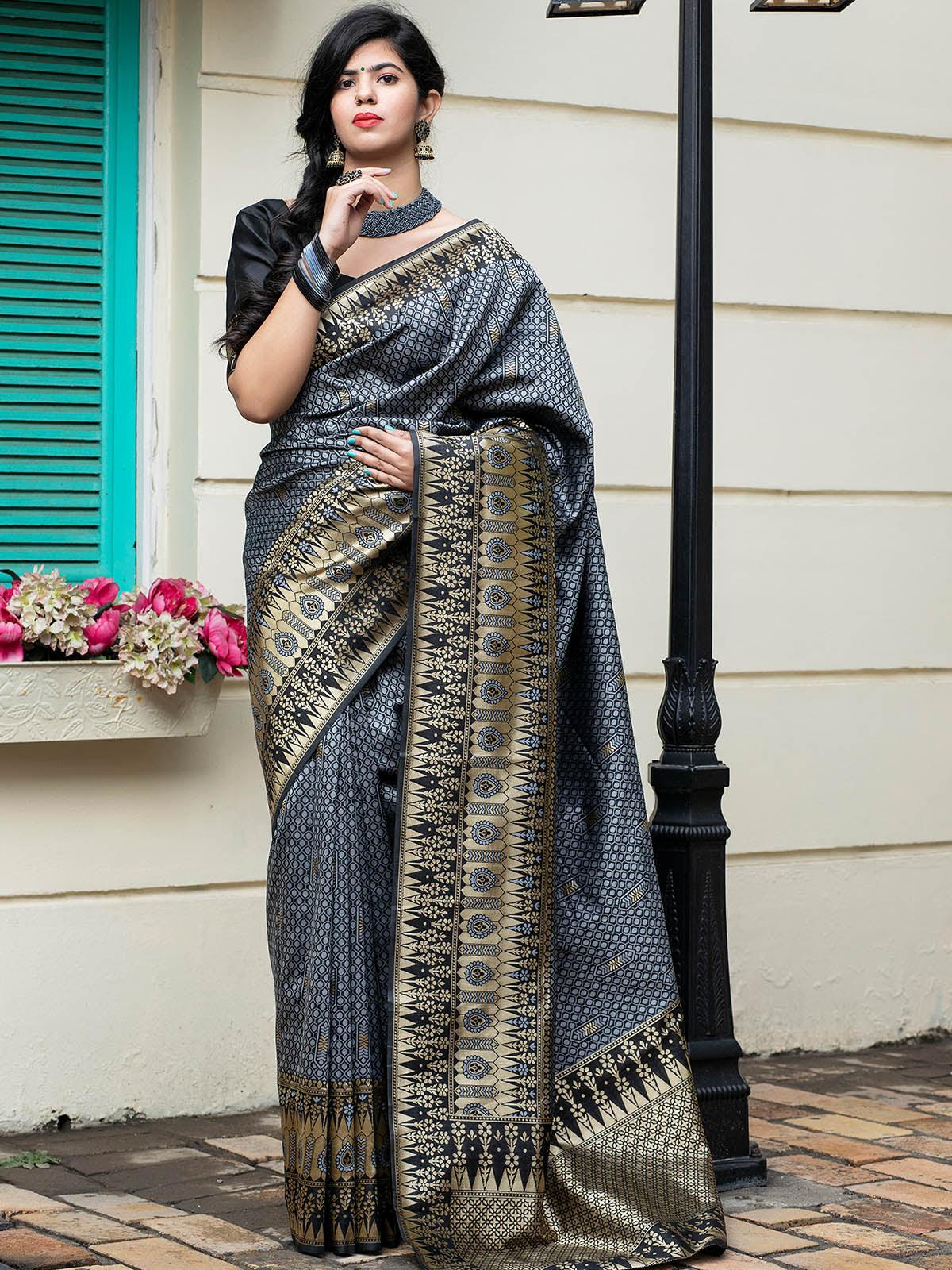 Gorgeous Woven Grey Banarasi Silk Saree - Rajwada