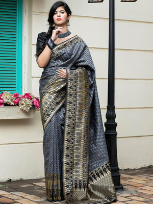 Gorgeous Woven Grey Banarasi Silk Saree - Rajwada