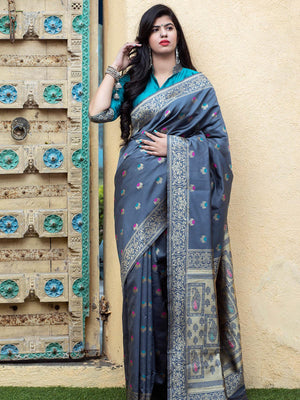 Gorgeous Woven Grey Banarasi Silk Saree - Rajwada