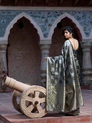 Gorgeous Woven Grey Banarasi Silk Saree - Rajwada