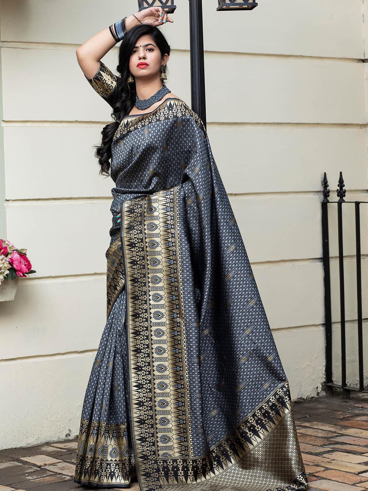 Gorgeous Woven Grey Banarasi Silk Saree - Rajwada