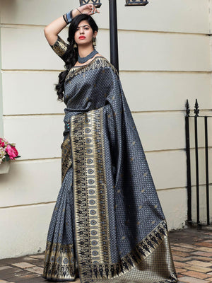 Gorgeous Woven Grey Banarasi Silk Saree - Rajwada