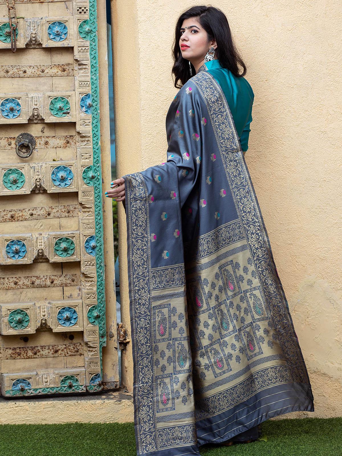 Gorgeous Woven Grey Banarasi Silk Saree - Rajwada