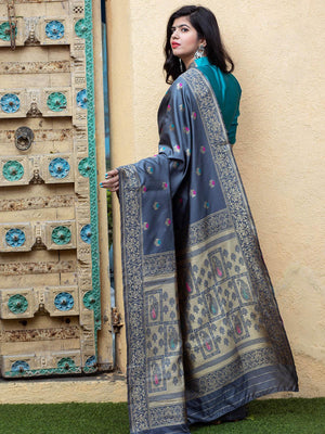 Gorgeous Woven Grey Banarasi Silk Saree - Rajwada