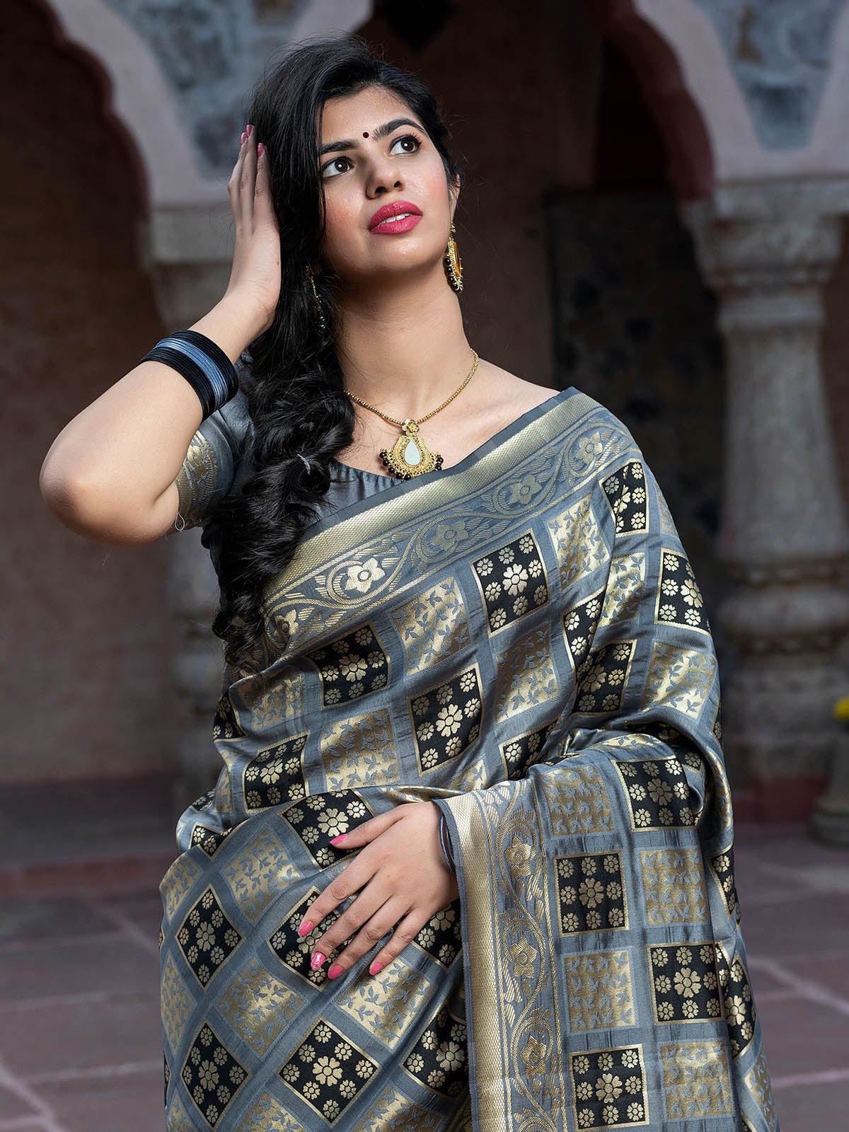 Gorgeous Woven Grey Banarasi Silk Saree - Rajwada