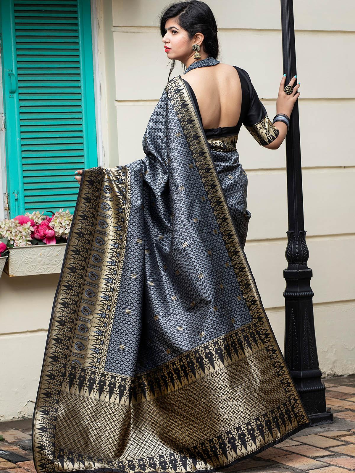 Gorgeous Woven Grey Banarasi Silk Saree - Rajwada