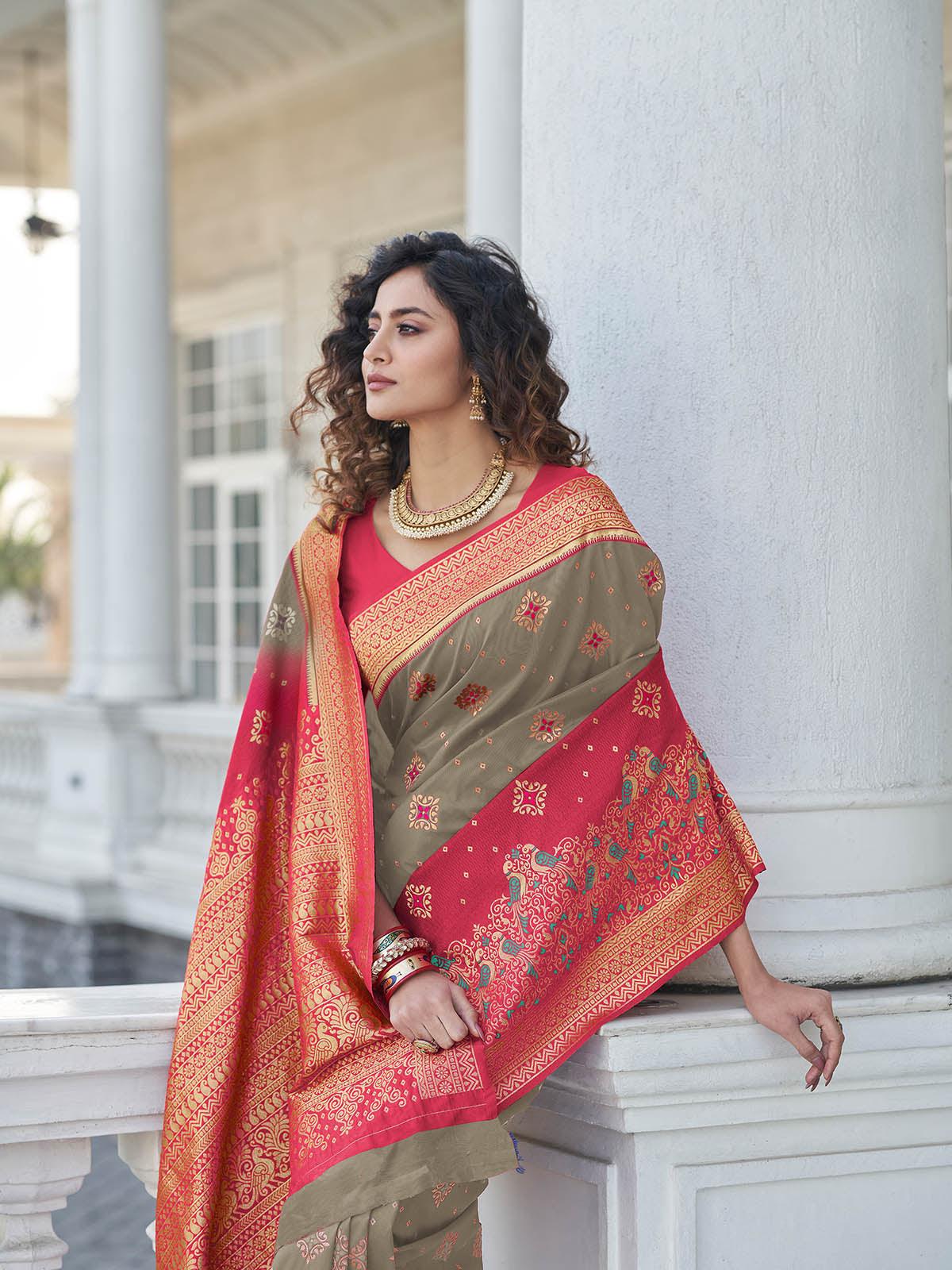 Gorgeous Woven Grey Banarasi Silk Saree - Rajwada